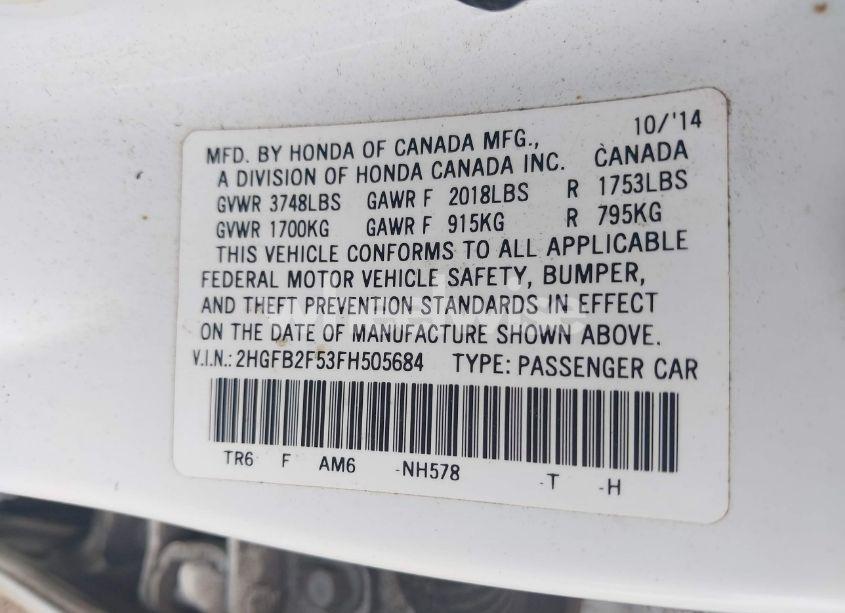 Photo 9 of 2015 Honda Civic LX (VIN 2HGFB2F53FH505684)