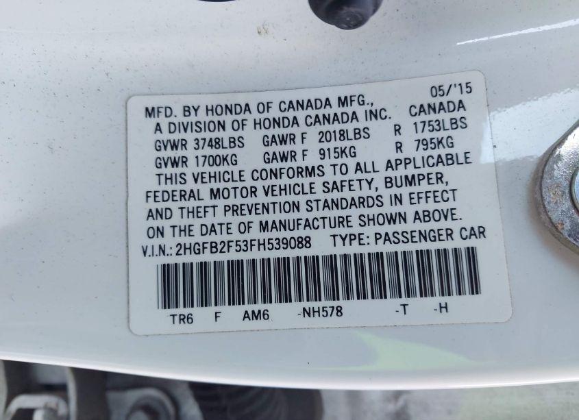 Photo 9 of 2015 Honda Civic LX (VIN 2HGFB2F53FH539088)