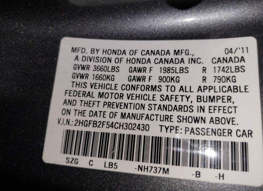 Photo 9 of 2012 Honda Civic LX (VIN 2HGFB2F54CH302430)