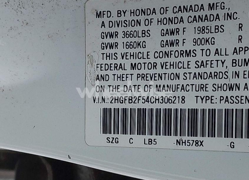 Photo 9 of 2012 Honda Civic SDN LX (VIN 2HGFB2F54CH306218)