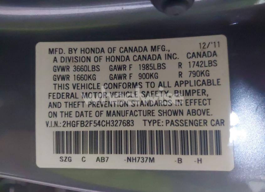 Photo 9 of 2012 Honda Civic LX (VIN 2HGFB2F54CH327683)