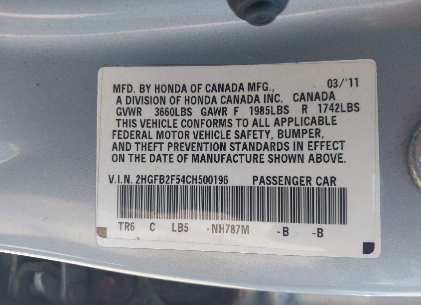 Photo 9 of 2012 Honda Civic LX (VIN 2HGFB2F54CH500196)