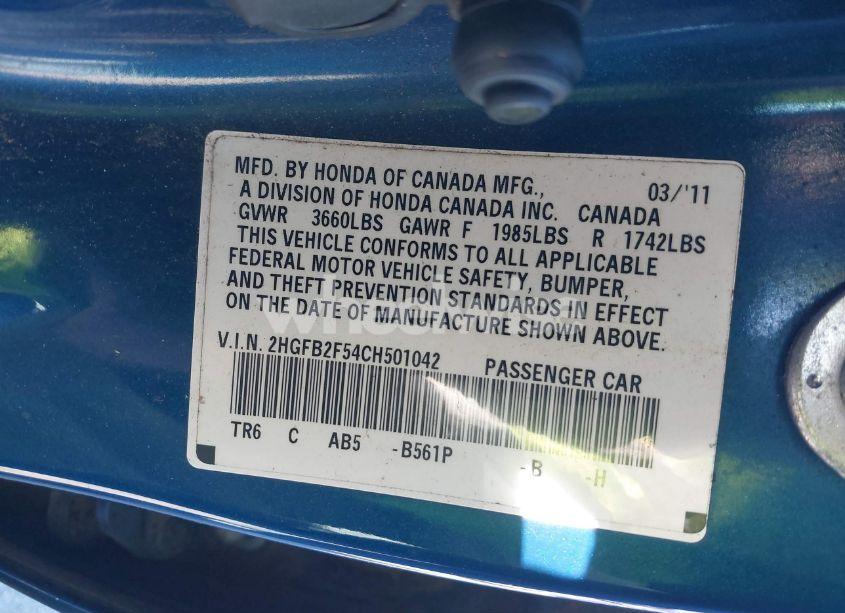 Photo 9 of 2012 Honda Civic LX (VIN 2HGFB2F54CH501042)