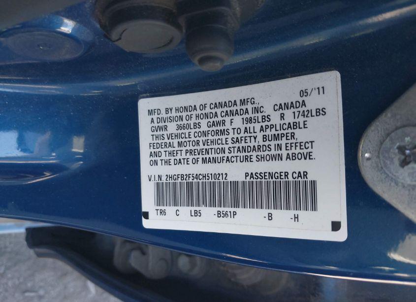 Photo 9 of 2012 Honda Civic LX (VIN 2HGFB2F54CH510212)