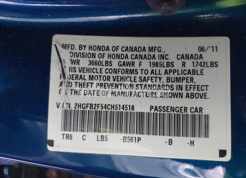 Photo 9 of 2012 Honda Civic LX (VIN 2HGFB2F54CH514518)