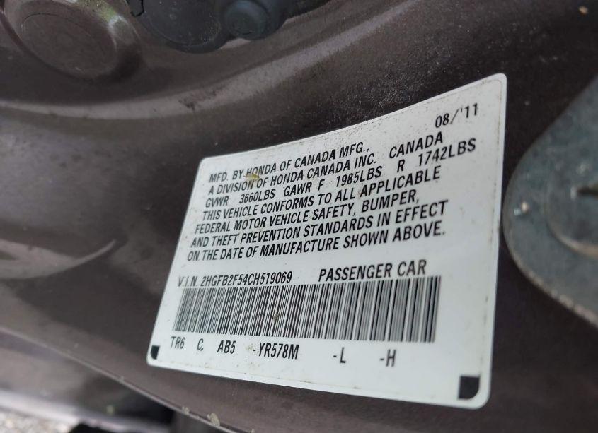 Photo 9 of 2012 Honda Civic LX (VIN 2HGFB2F54CH519069)