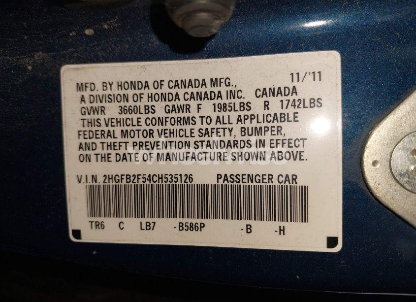 Photo 9 of 2012 Honda Civic LX (VIN 2HGFB2F54CH535126)