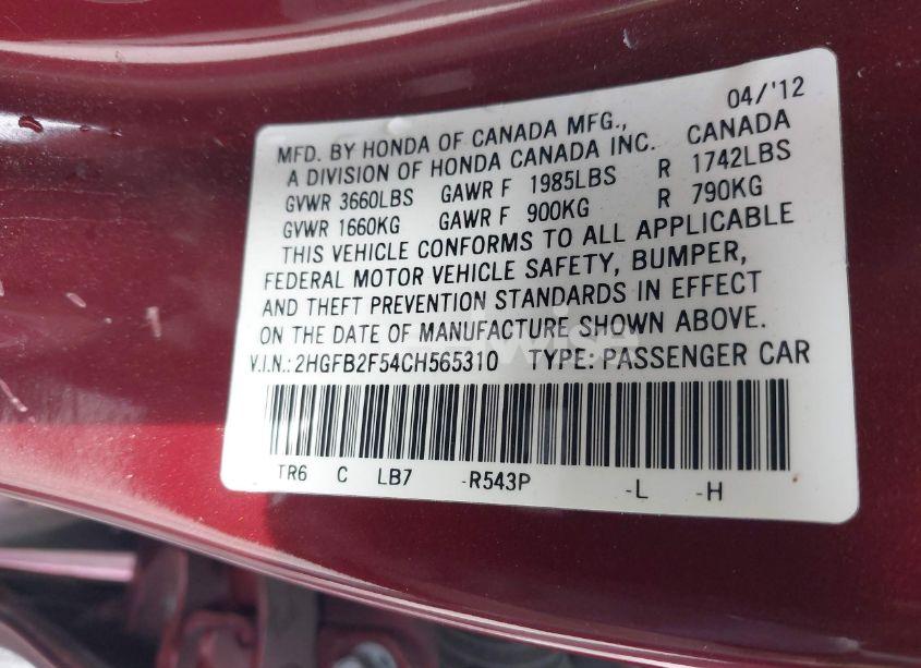 Photo 9 of 2012 Honda Civic LX (VIN 2HGFB2F54CH565310)