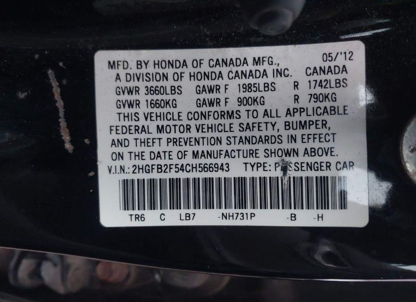 Photo 9 of 2012 Honda Civic LX (VIN 2HGFB2F54CH566943)