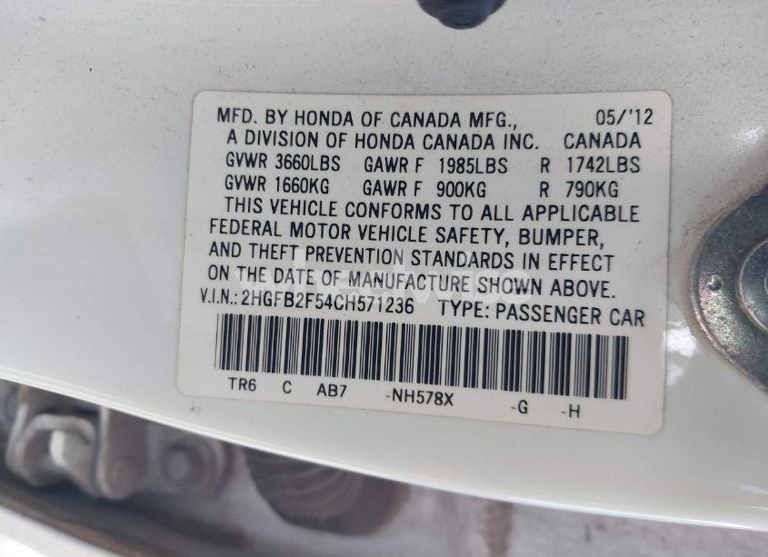 Photo 9 of 2012 Honda Civic LX (VIN 2HGFB2F54CH571236)