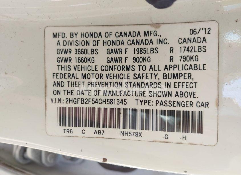 Photo 9 of 2012 Honda Civic LX (VIN 2HGFB2F54CH581345)