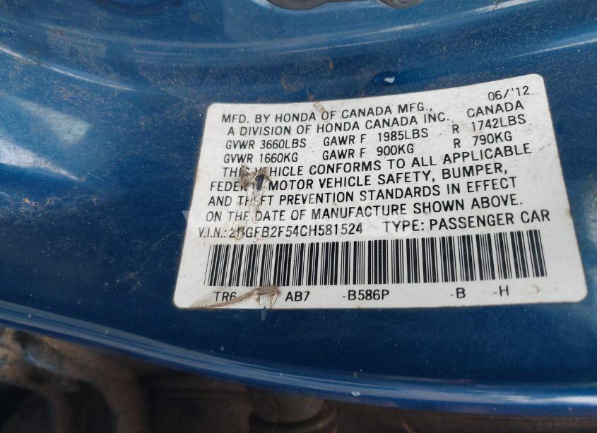 Photo 9 of 2012 Honda Civic LX (VIN 2HGFB2F54CH581524)