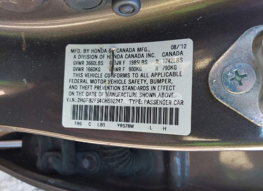 Photo 7 of 2012 Honda Civic LX (VIN 2HGFB2F54CH592247)