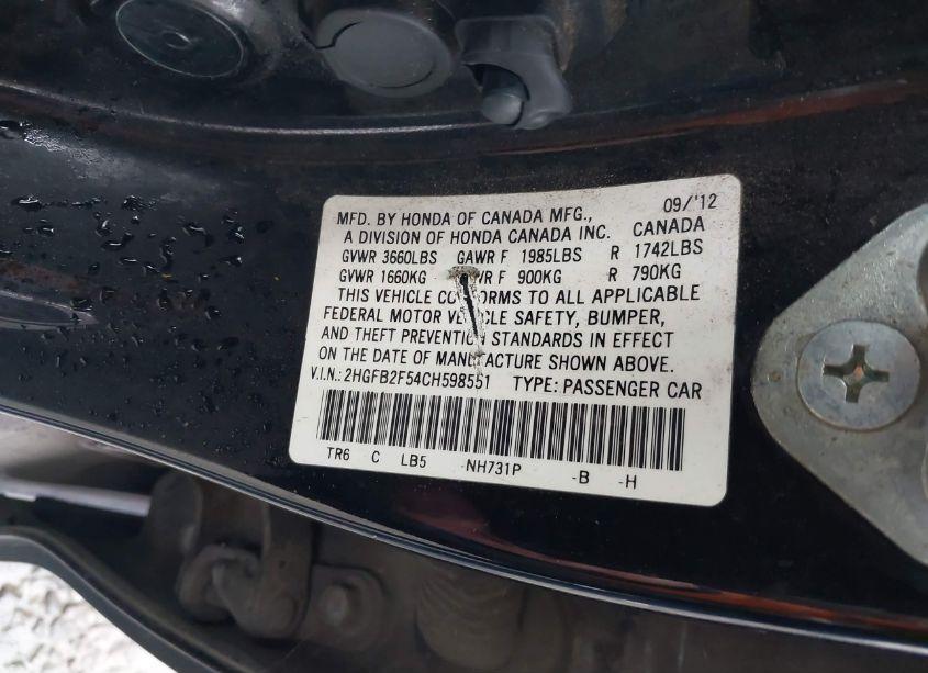 Photo 9 of 2012 Honda Civic SDN LX (VIN 2HGFB2F54CH598551)