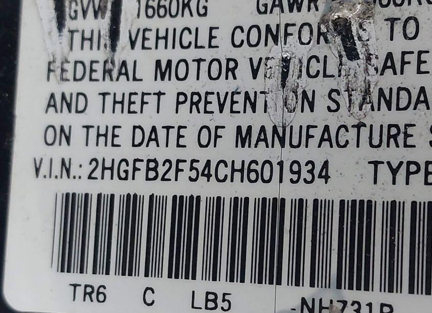 Photo 9 of 2012 Honda Civic LX (VIN 2HGFB2F54CH601934)