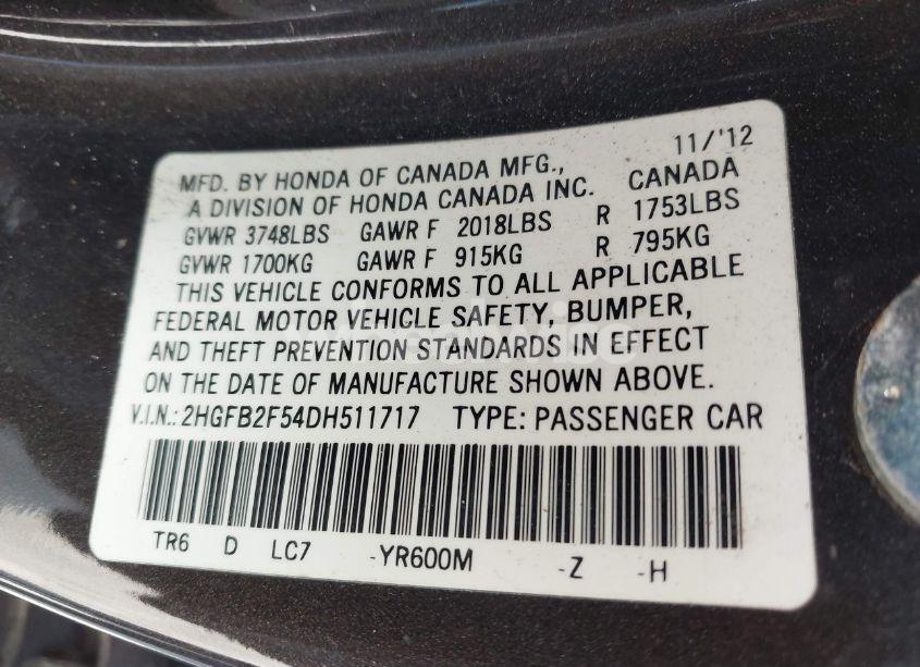 Photo 9 of 2013 Honda Civic LX (VIN 2HGFB2F54DH511717)