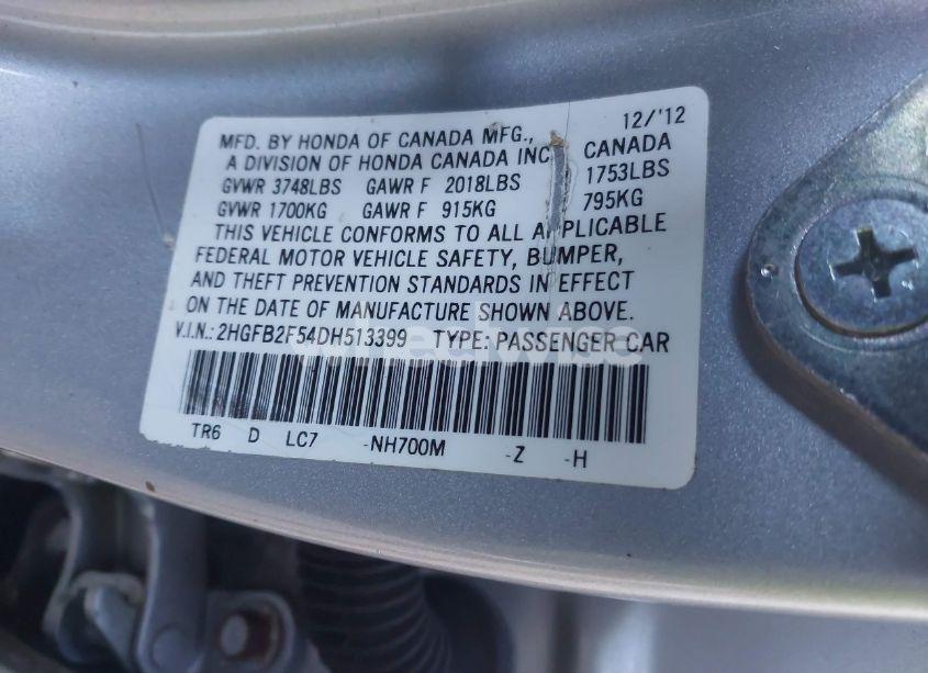 Photo 9 of 2013 Honda Civic LX (VIN 2HGFB2F54DH513399)