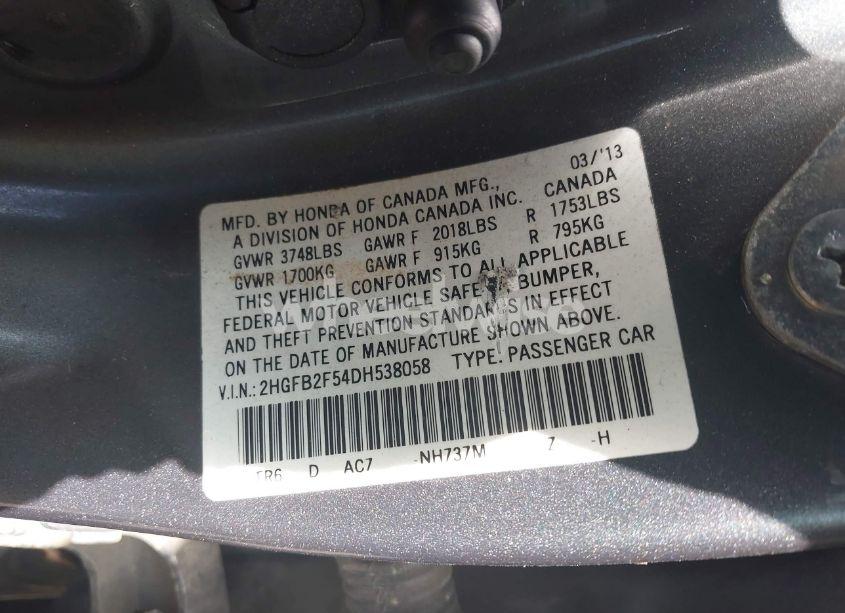 Photo 9 of 2013 Honda Civic LX (VIN 2HGFB2F54DH538058)