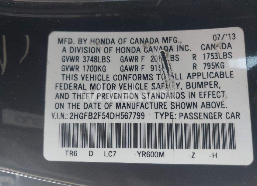 Photo 9 of 2013 Honda Civic LX (VIN 2HGFB2F54DH567799)
