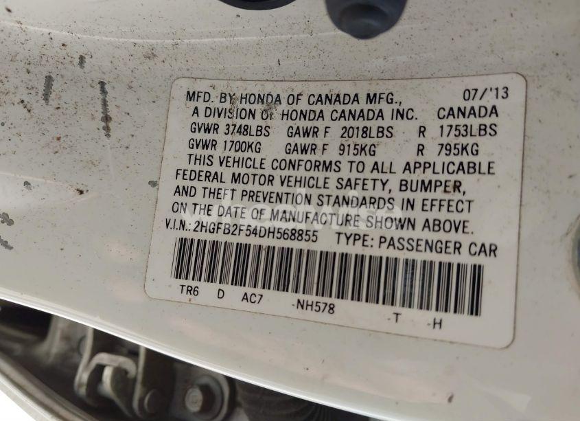 Photo 9 of 2013 Honda Civic LX (VIN 2HGFB2F54DH568855)