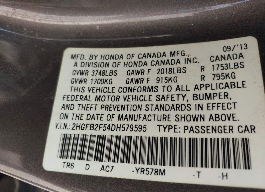 Photo 9 of 2013 Honda Civic LX (VIN 2HGFB2F54DH579595)