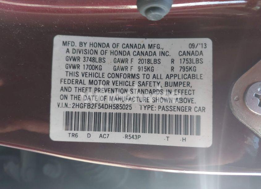 Photo 9 of 2013 Honda Civic LX (VIN 2HGFB2F54DH585025)