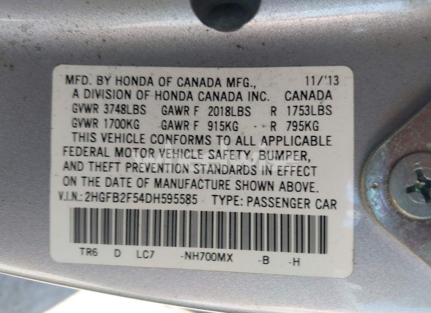 Photo 9 of 2013 Honda Civic LX (VIN 2HGFB2F54DH595585)