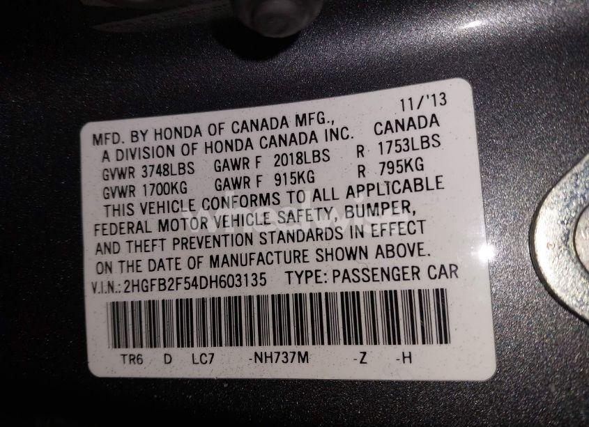 Photo 9 of 2013 Honda Civic LX (VIN 2HGFB2F54DH603135)