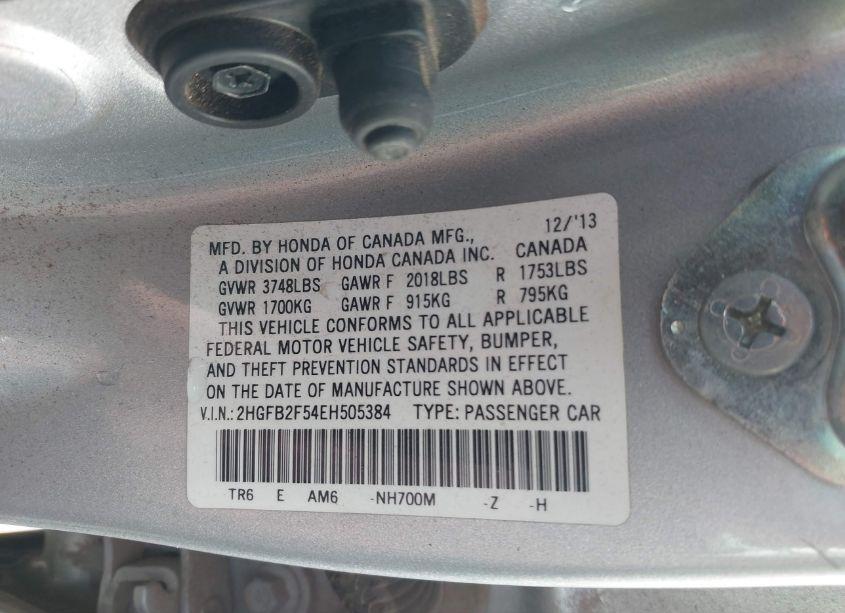 Photo 9 of 2014 Honda Civic LX (VIN 2HGFB2F54EH505384)