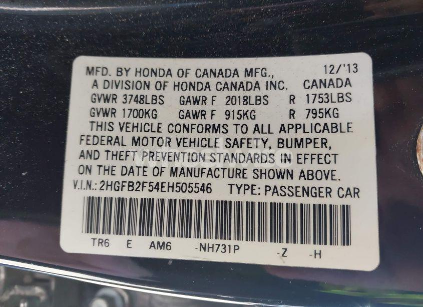 Photo 9 of 2014 Honda Civic LX (VIN 2HGFB2F54EH505546)