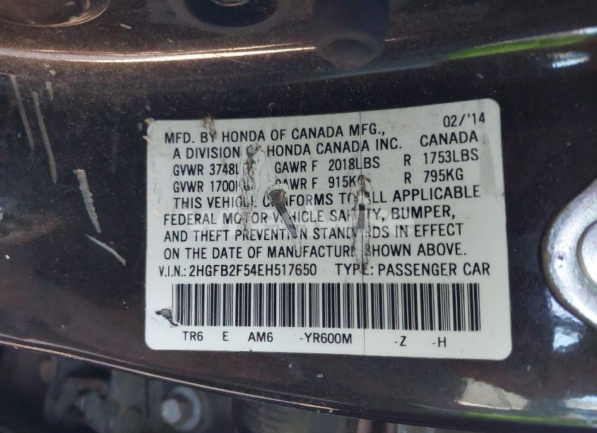 Photo 9 of 2014 Honda Civic LX (VIN 2HGFB2F54EH517650)