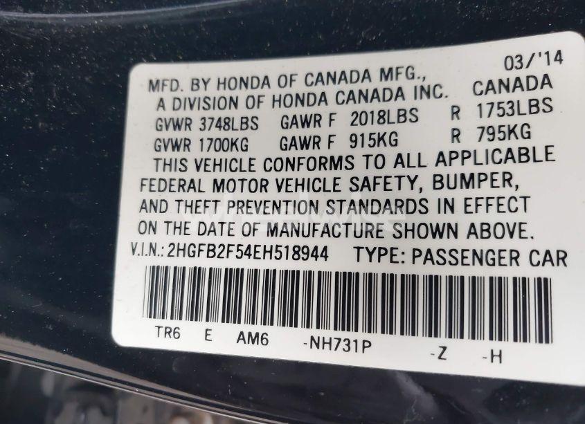 Photo 9 of 2014 Honda Civic LX (VIN 2HGFB2F54EH518944)