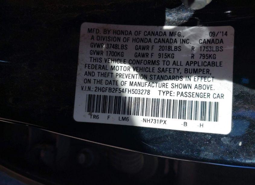 Photo 9 of 2015 Honda Civic LX (VIN 2HGFB2F54FH503278)