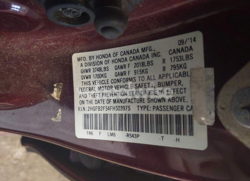 Photo 9 of 2015 Honda Civic LX (VIN 2HGFB2F54FH503975)