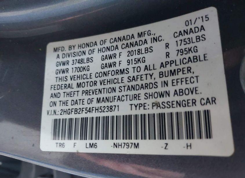 Photo 9 of 2015 Honda Civic LX (VIN 2HGFB2F54FH523871)