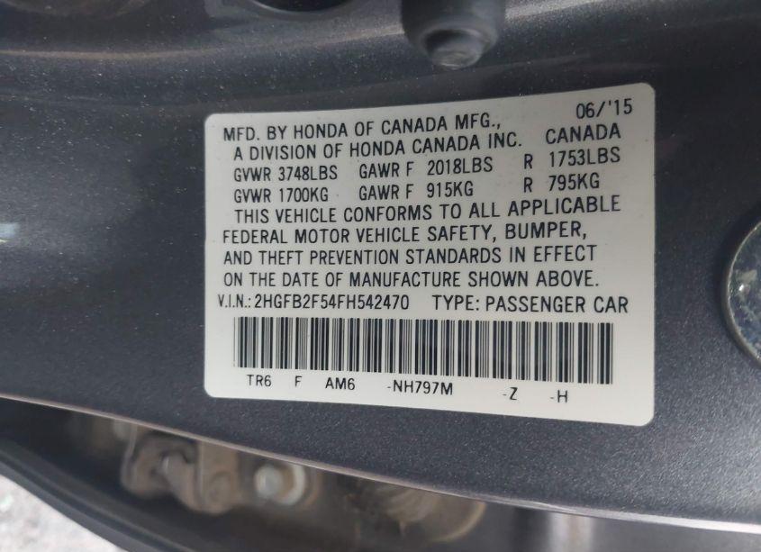 Photo 9 of 2015 Honda Civic LX (VIN 2HGFB2F54FH542470)