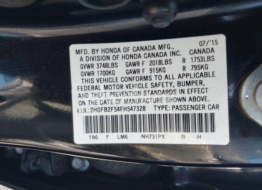 Photo 9 of 2015 Honda Civic LX (VIN 2HGFB2F54FH547328)