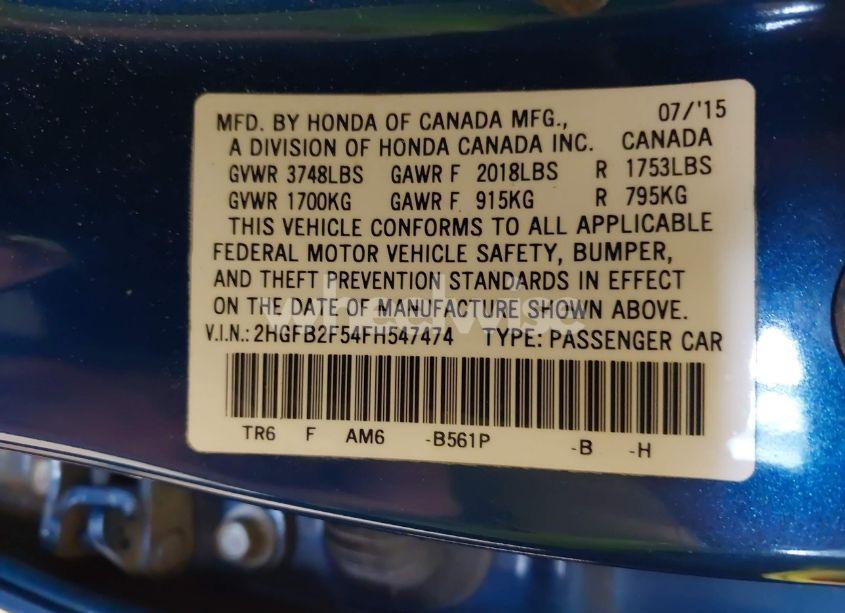 Photo 9 of 2015 Honda Civic LX (VIN 2HGFB2F54FH547474)