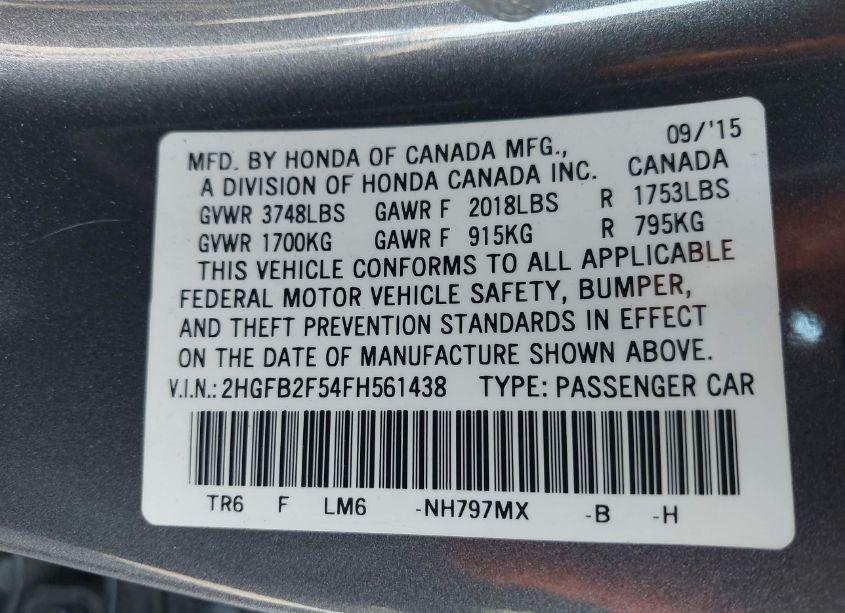 Photo 9 of 2015 Honda Civic LX (VIN 2HGFB2F54FH561438)