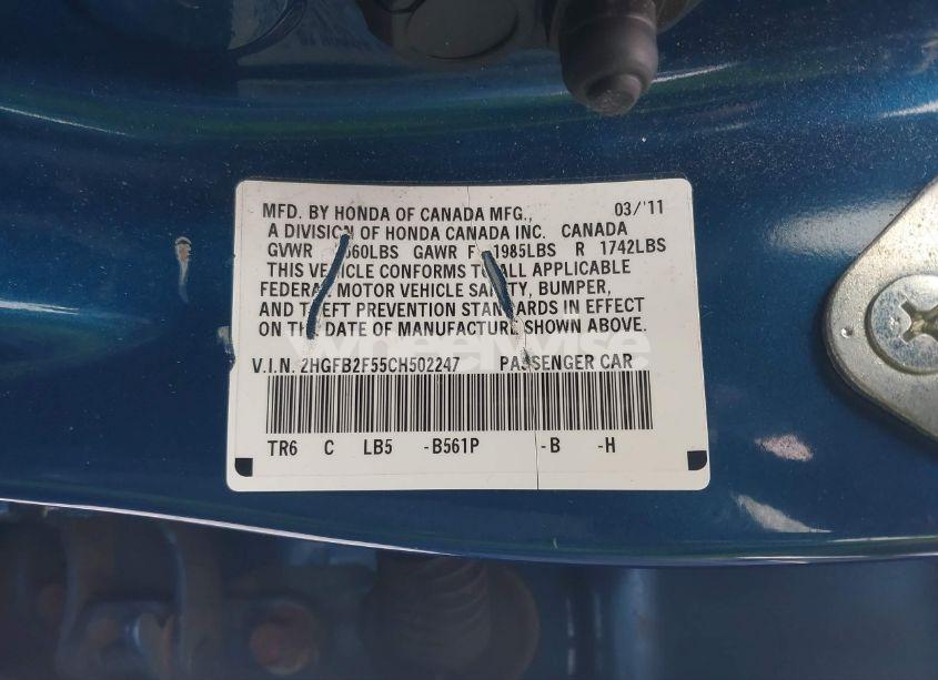 Photo 9 of 2012 Honda Civic SDN LX (VIN 2HGFB2F55CH502247)