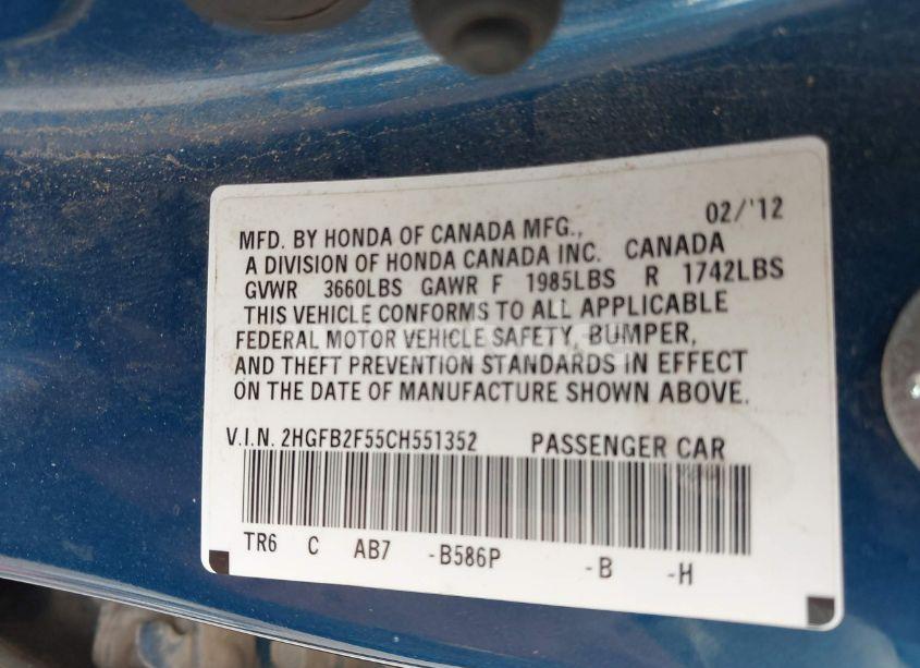 Photo 9 of 2012 Honda Civic LX (VIN 2HGFB2F55CH551352)