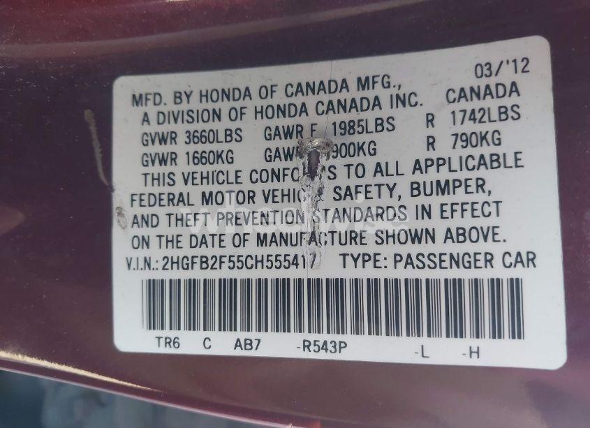 Photo 8 of 2012 Honda Civic LX (VIN 2HGFB2F55CH555417)