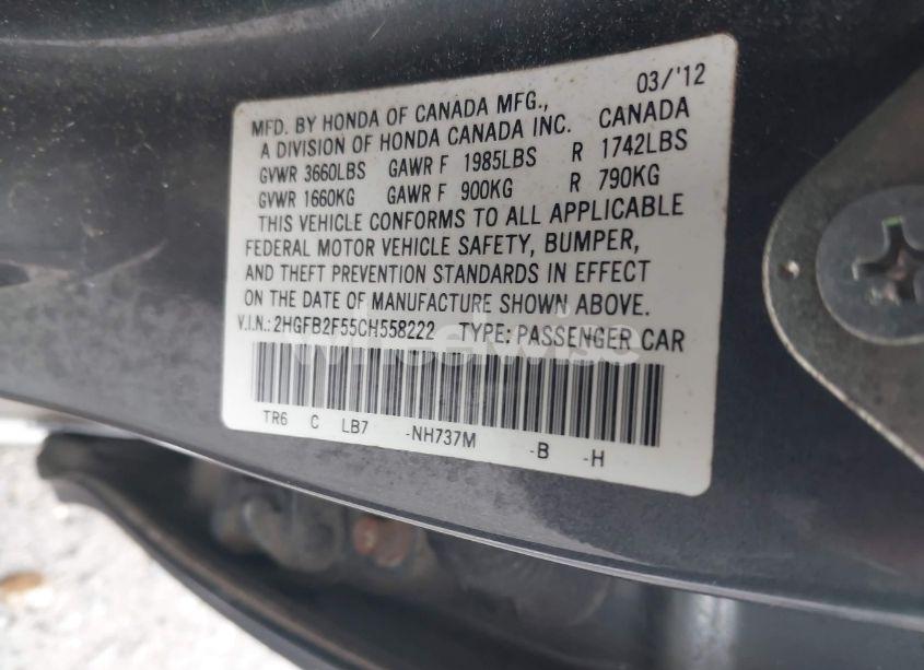 Photo 9 of 2012 Honda Civic LX (VIN 2HGFB2F55CH558222)