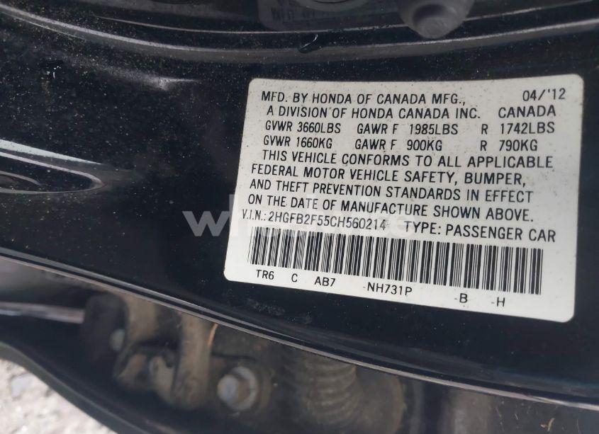 Photo 9 of 2012 Honda Civic LX (VIN 2HGFB2F55CH560214)