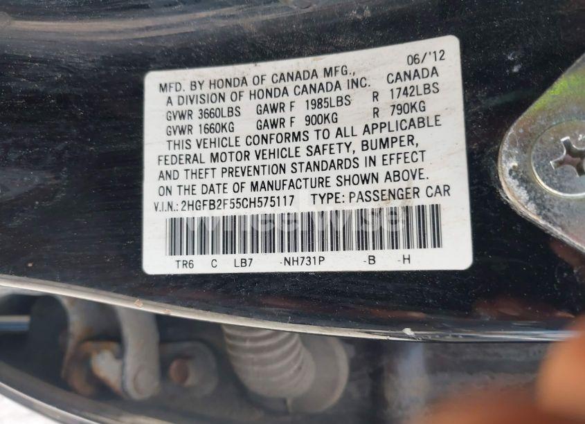 Photo 9 of 2012 Honda Civic LX (VIN 2HGFB2F55CH575117)