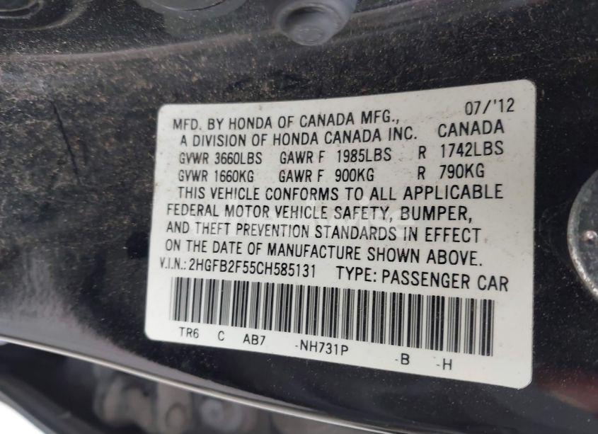 Photo 9 of 2012 Honda Civic LX (VIN 2HGFB2F55CH585131)