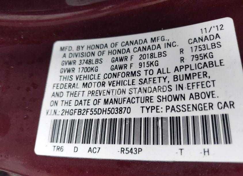 Photo 9 of 2013 Honda Civic LX (VIN 2HGFB2F55DH503870)