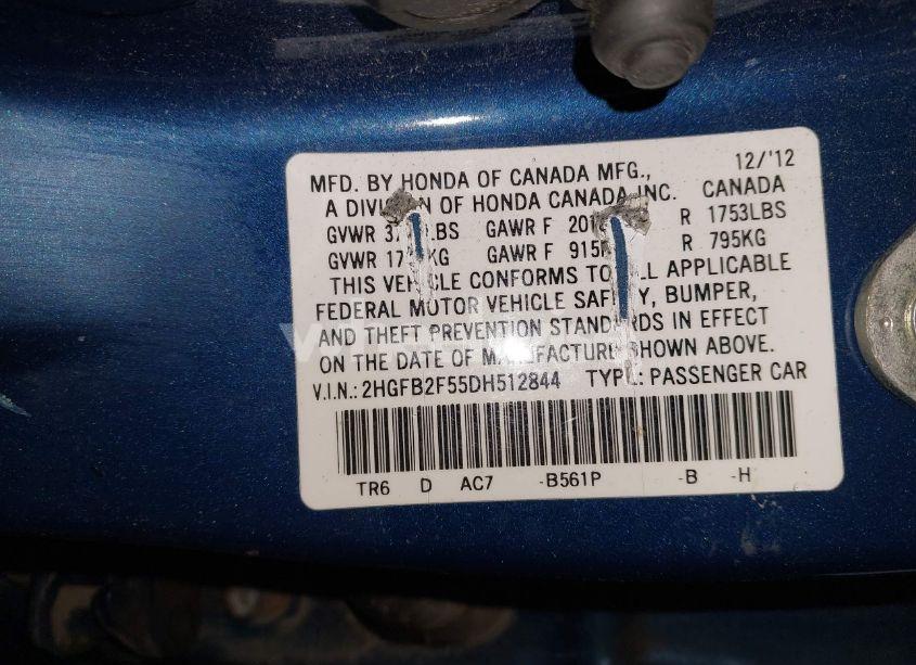 Photo 9 of 2013 Honda Civic LX (VIN 2HGFB2F55DH512844)