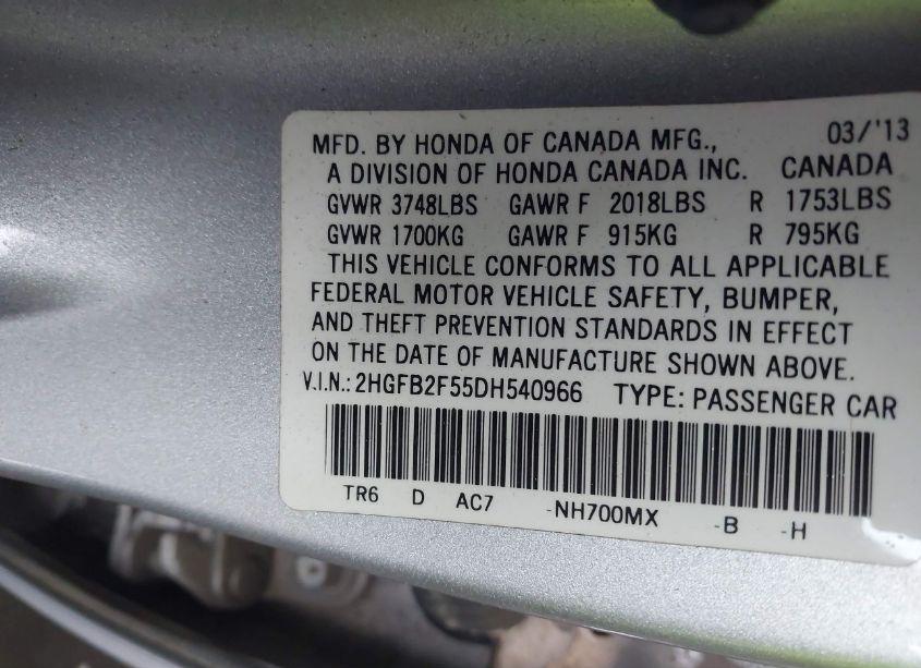 Photo 9 of 2013 Honda Civic LX (VIN 2HGFB2F55DH540966)