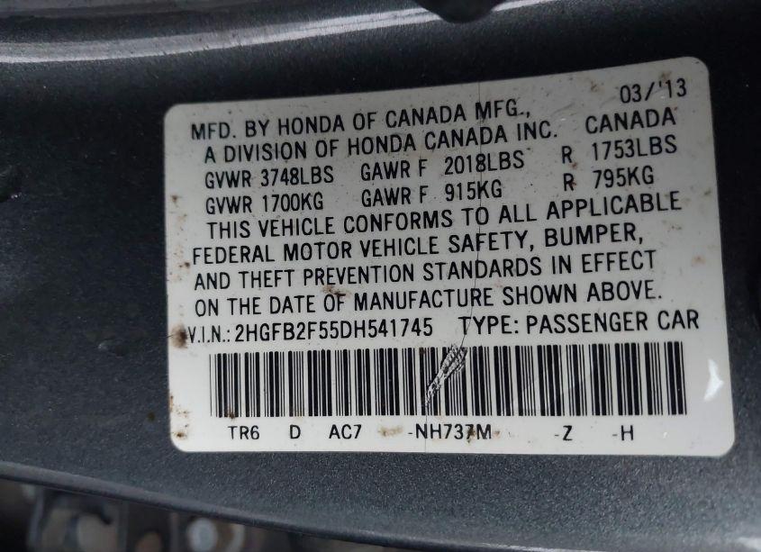 Photo 9 of 2013 Honda Civic LX (VIN 2HGFB2F55DH541745)